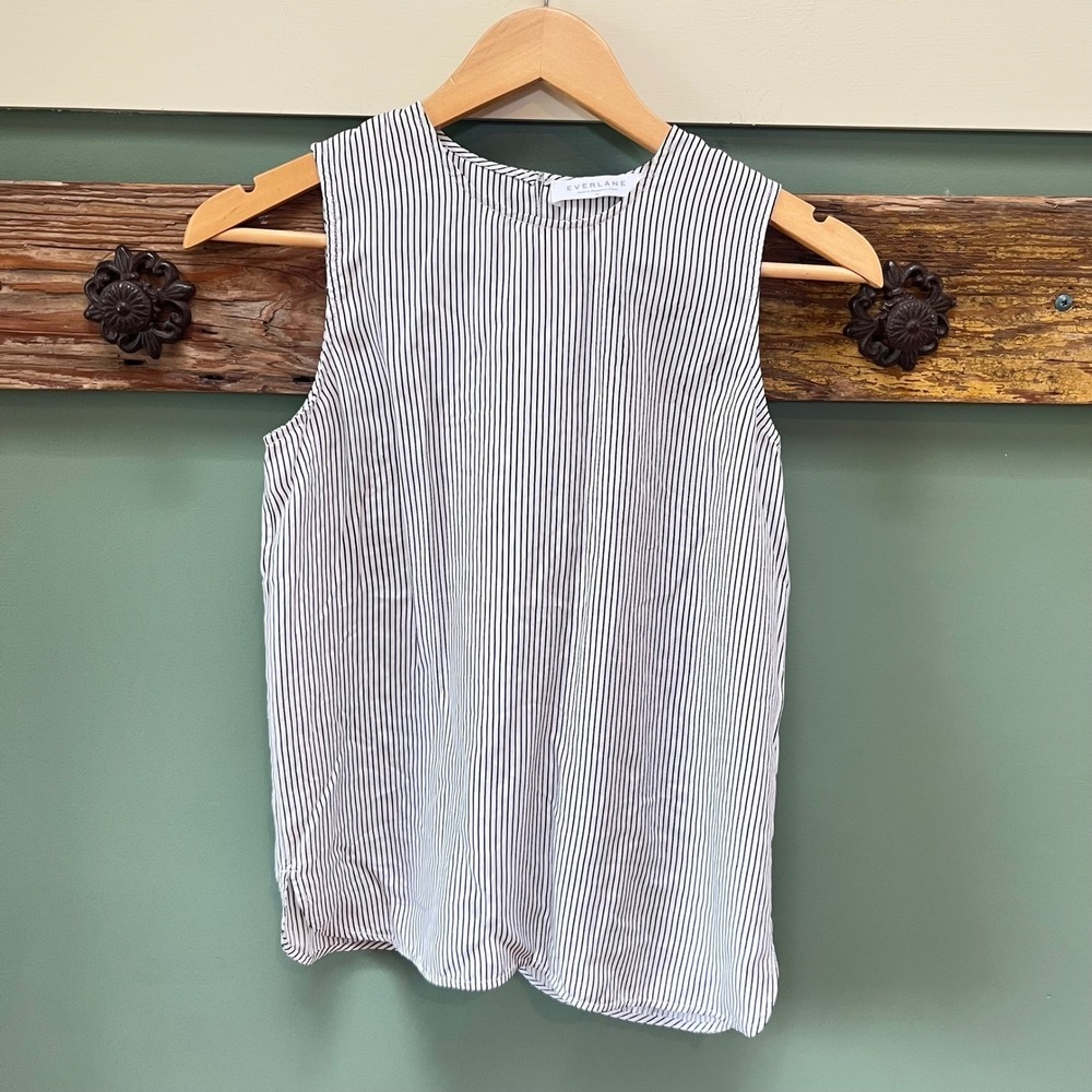 Everlane Womens 00 Sleeveless Silk Pinstripe Blouse Shell Black White Round Neck